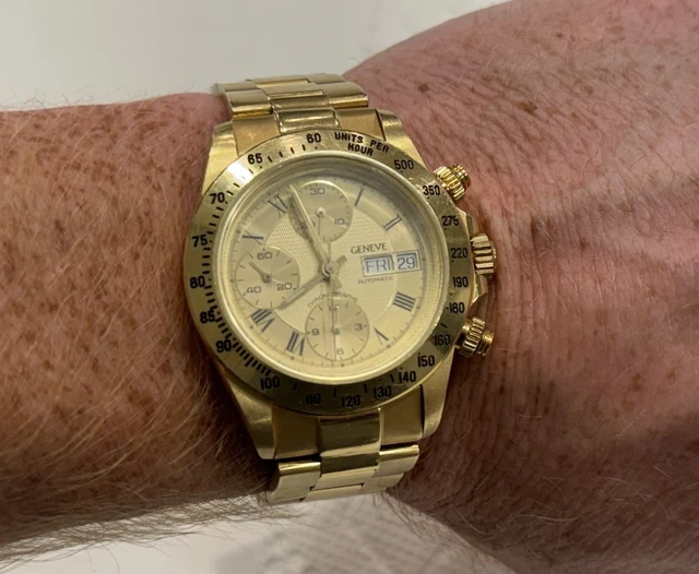 18K-Geneve-Chronograph-Automatic-Date-Mens-Watch-w-14.webp Montre homme chronographe automatique Genève 18 carats avec date et bracelet 18 carats - 137 grammes – Image 1