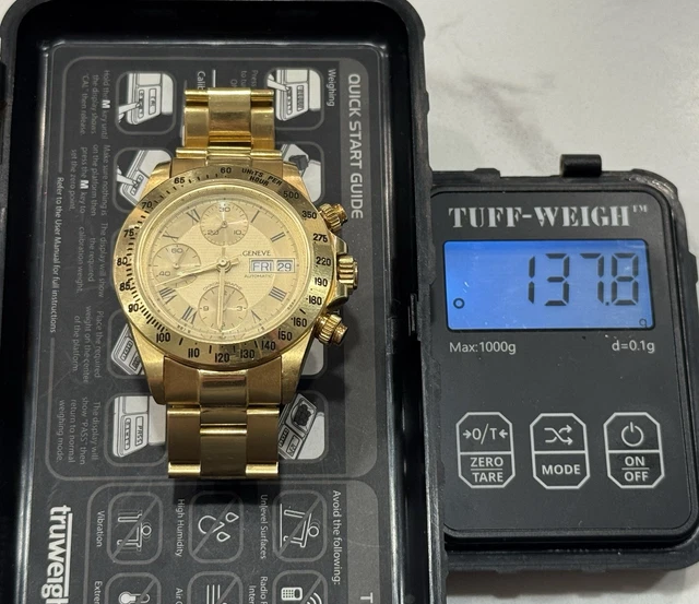 18K-Geneve-Chronograph-Automatic-Date-Mens-Watch-w-9.webp Montre homme chronographe automatique Genève 18 carats avec date et bracelet 18 carats - 137 grammes – Image 1