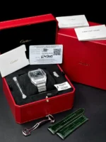 Montre Cartier Santos 2025, grand cadran vert, WSSA0062, bracelet acier/cuir, coffret complet