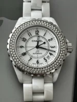 Montre CHANEL J12, lunette sertie de diamants, cadran blanc en céramique blanche, mouvement automatique, 38 mm – Image 11