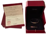 Bracelet Love Cartier en or rose 18 carats, 10 diamants, taille 17, petit modèle, 4 mm, boîte, Coa