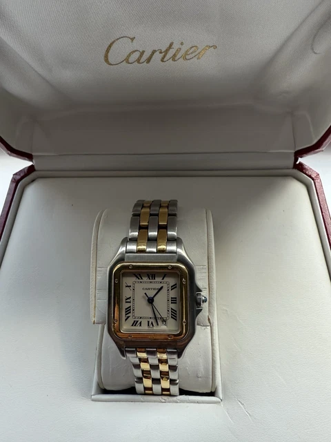 Vintage-Panthere-De-Cartier-27mm-Steel-Two-1.webp Montre unisexe vintage Panthère de Cartier 27 mm en acier et or à deux rangs, avec boîte et papiers – Image 1
